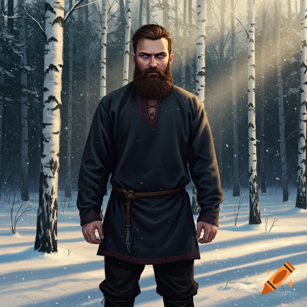 A bearded man in historical clothing stands in a snowy birch forest.