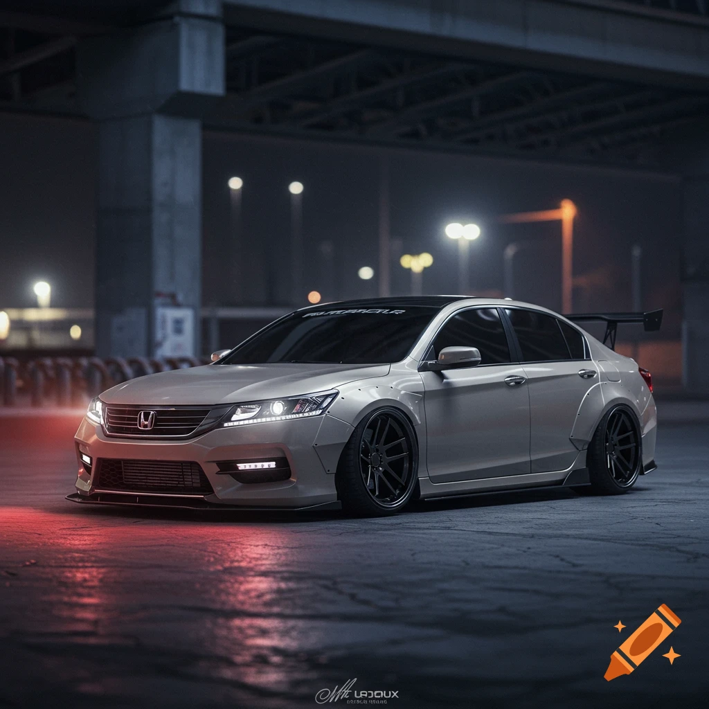 A modified Honda Accord with a wide body kit and spoiler sits in an urban setting at night.