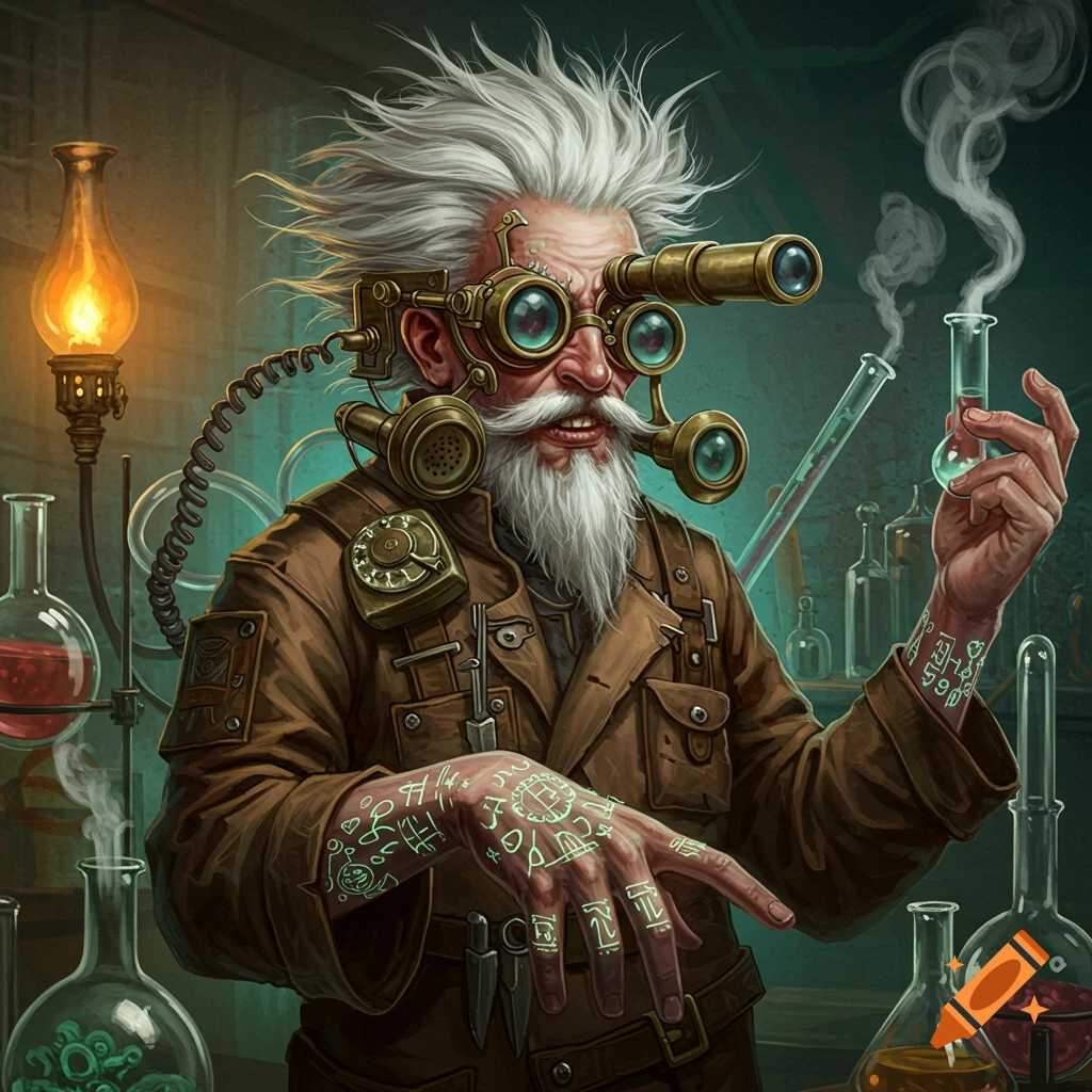 Steampunk mad scientist with telescope goggles and telephone ears in a lab holding a test tube, digital art.