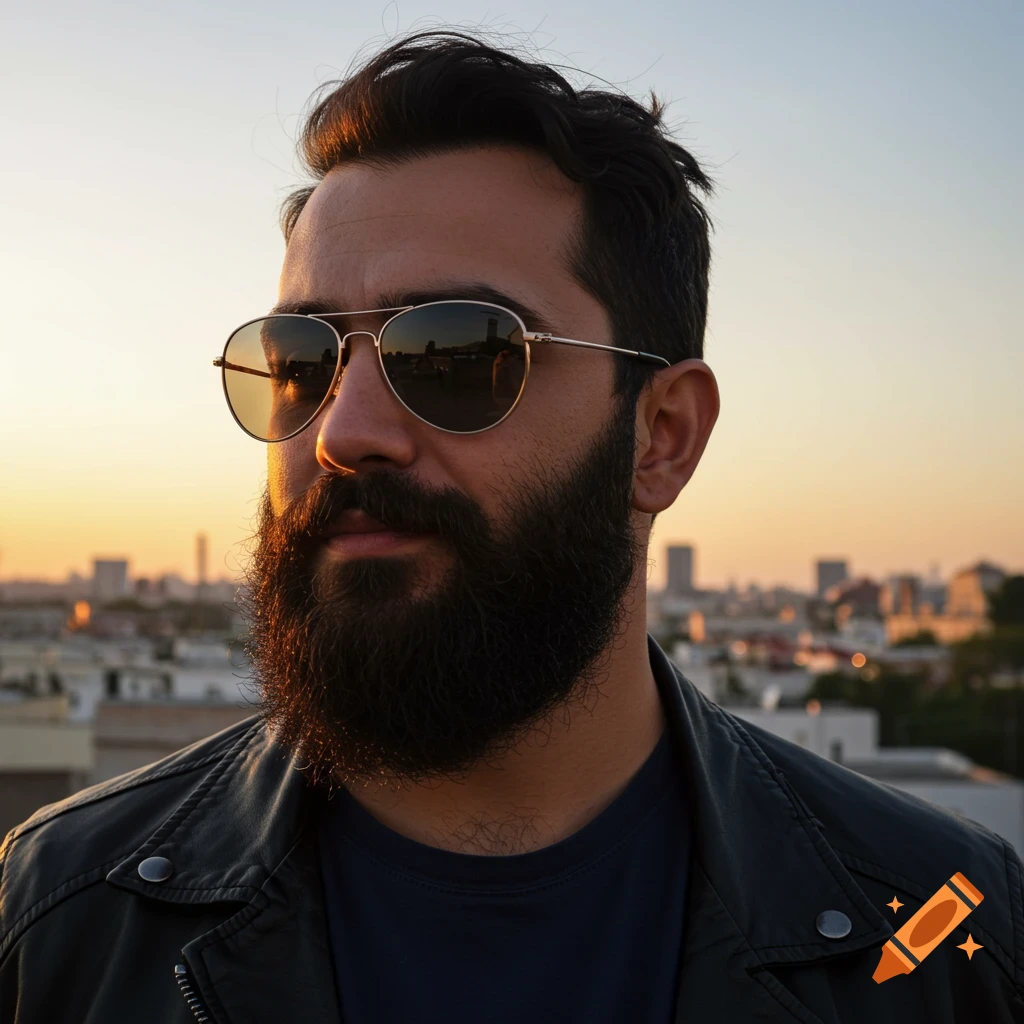 A man with a beard and sunglasses looks left against a city skyline at sunset.