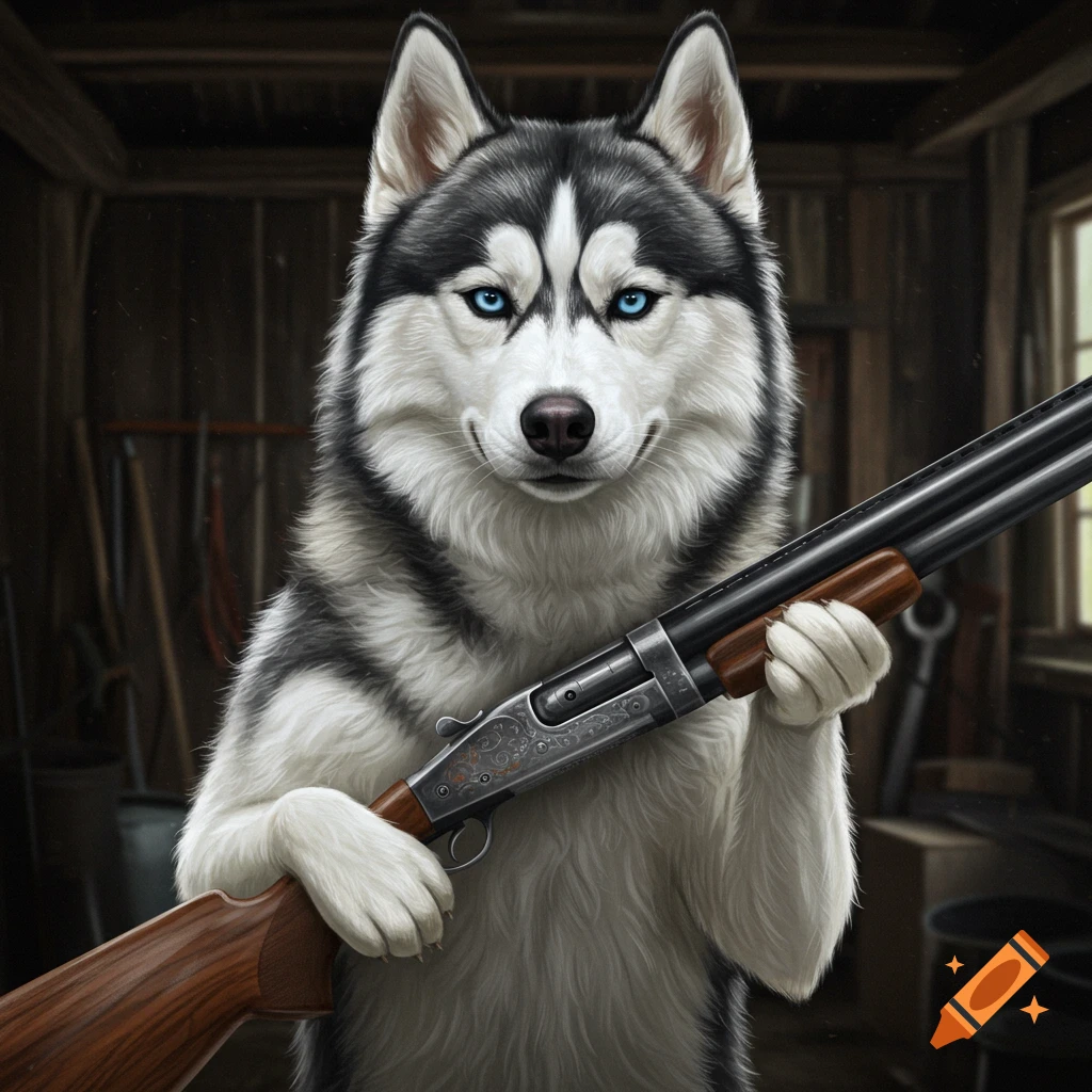 A husky dog stands in a barn, holding a shotgun.