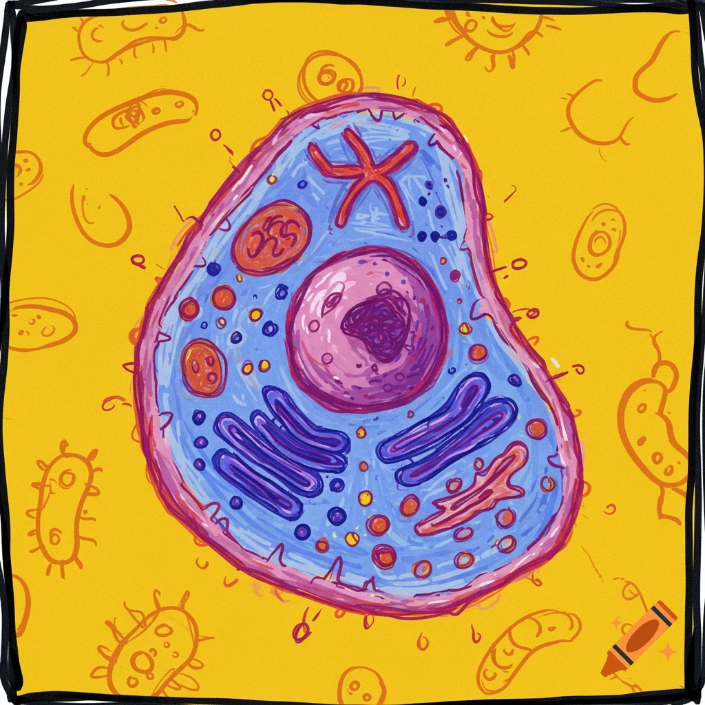A colorful clumsy hand drawn illustration of a cell surrounded by bacteria.