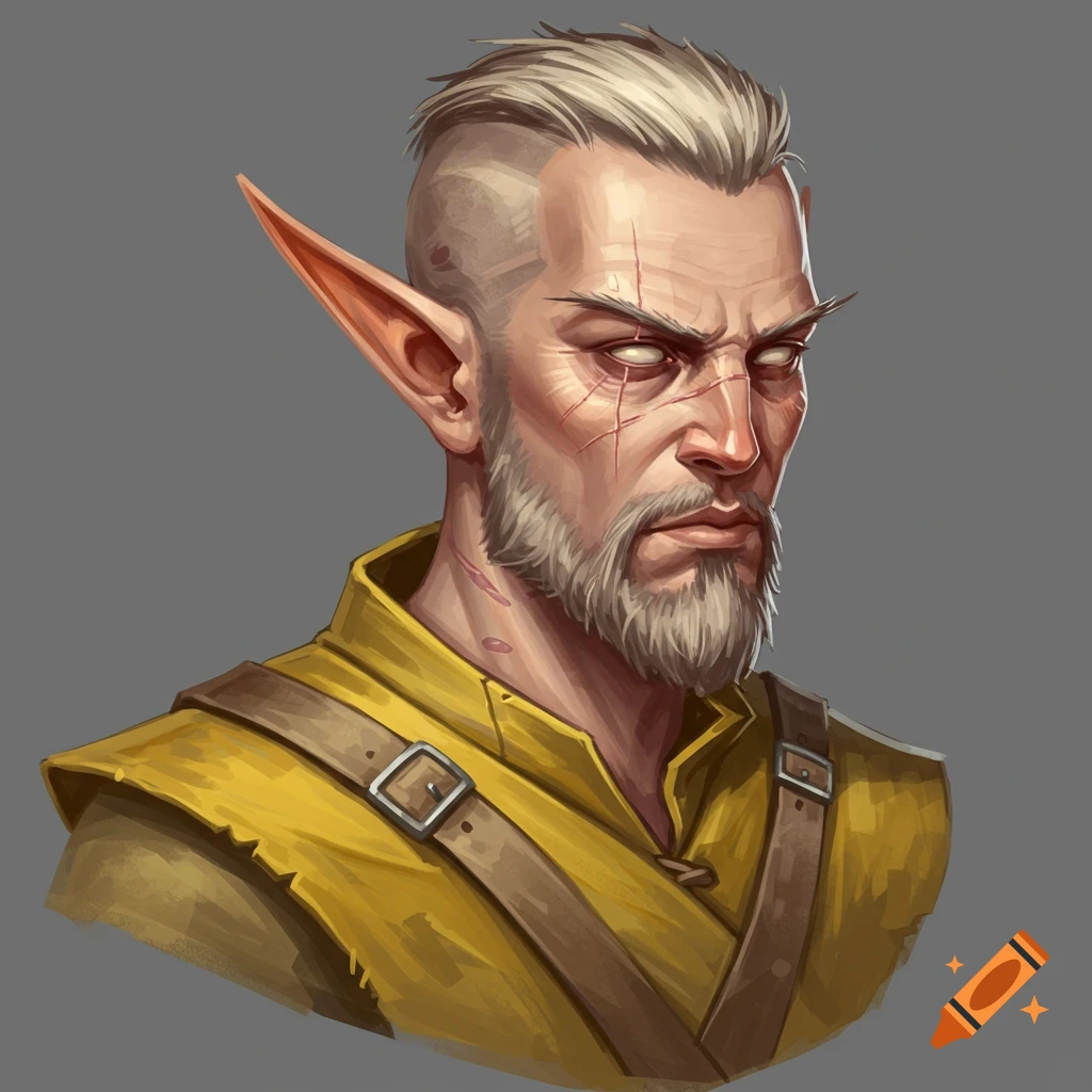 A man with short hair, a beard, pointy ears, and scars, wearing yellow and brown.