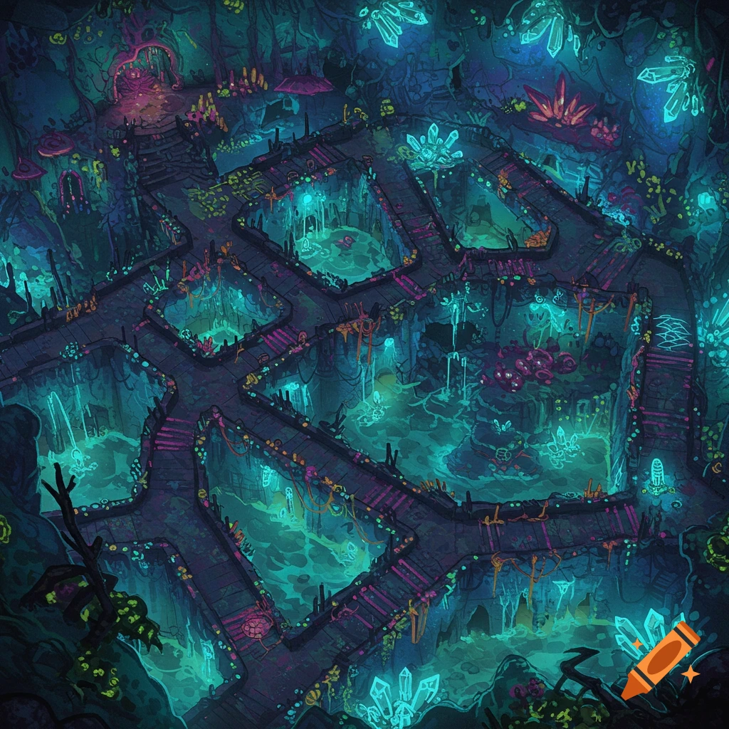 Overhead fantasy dungeon map with glowing crystals, pathways, and water.
