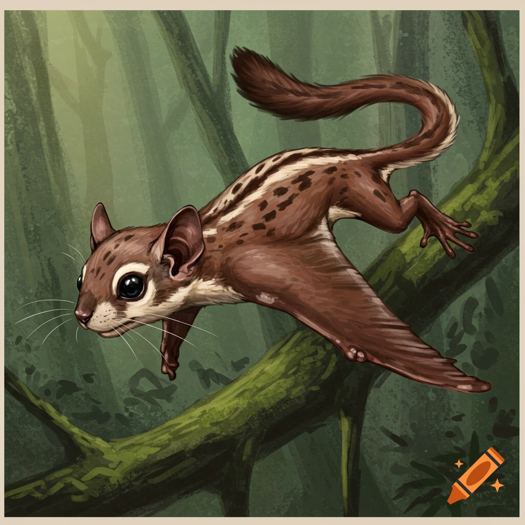 A brown fantasy creature with gliding membranes is perched on a branch in a forest.