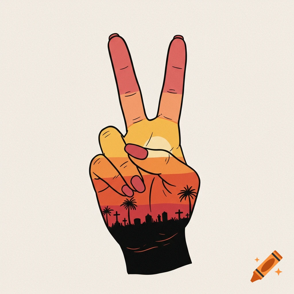 Stylized illustration of a hand making a peace sign, filled with a sunset scene including palm trees and a cemetery silhouette.