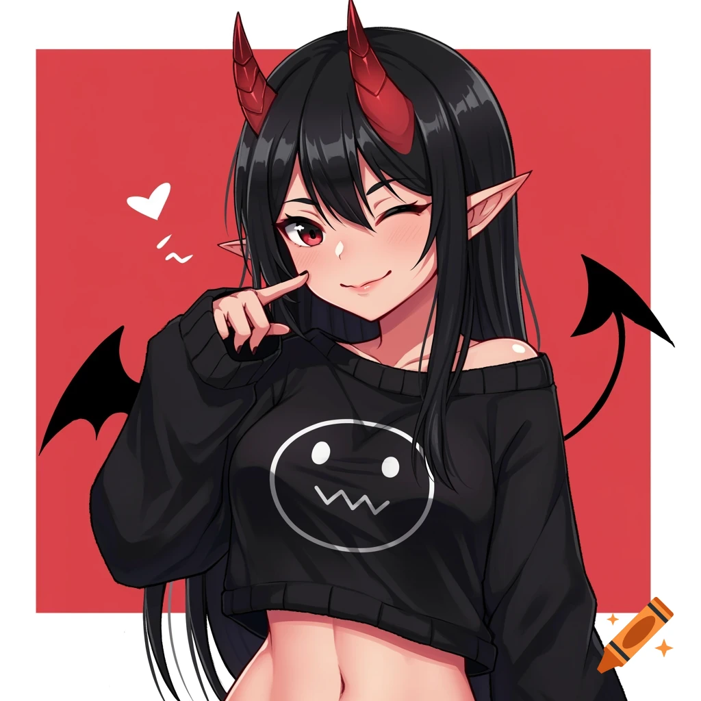 Anime illustration of a winking demon girl with horns, tail, and wings, wearing a cropped sweater with a symbol.