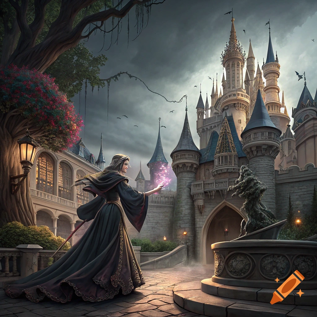 A witch casts a purple spell in a castle courtyard under a stormy sky, with a statue and large tree.