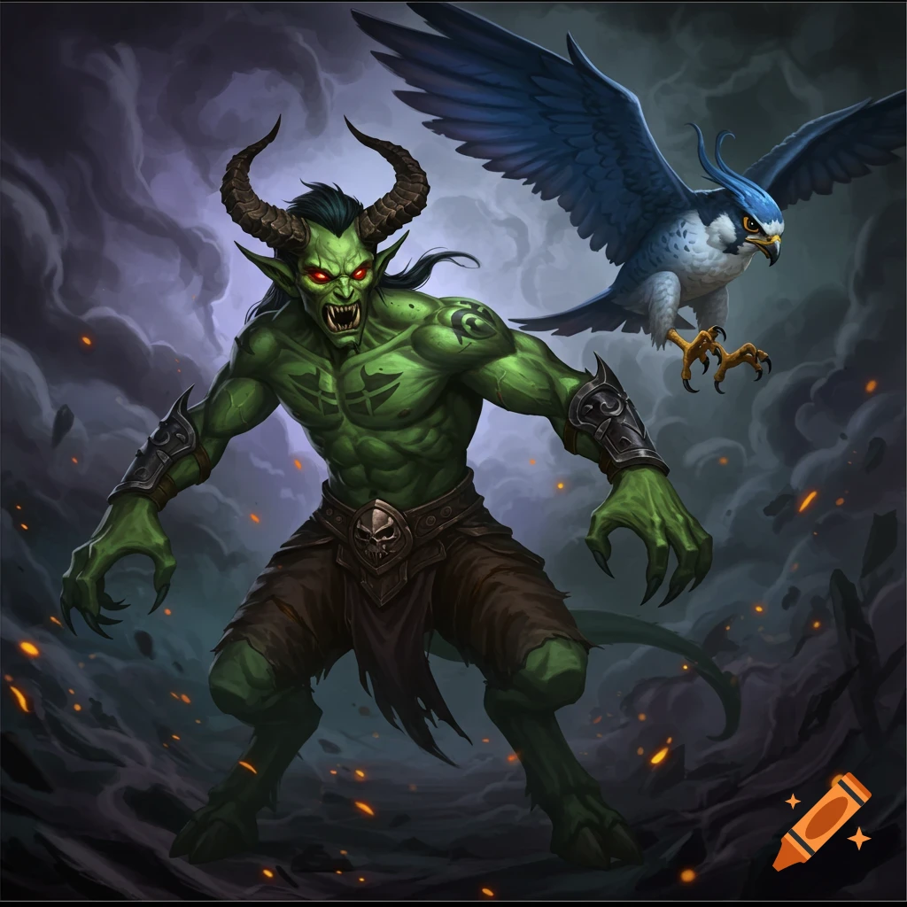 A green fantasy demon with red eyes standing with a blue falcon flying nearby.