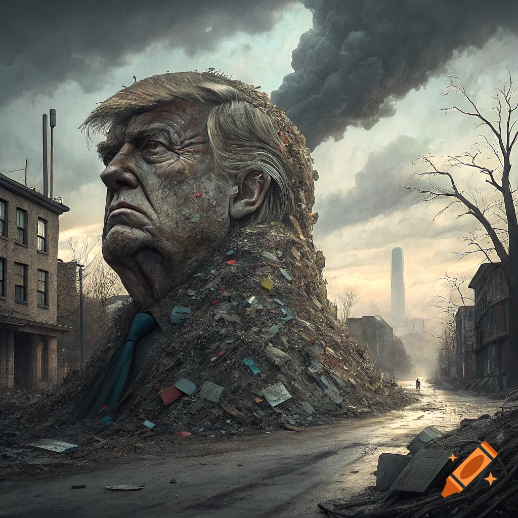 Giant head resembling Donald Trump made of trash looms over a ruined city under dark skies.