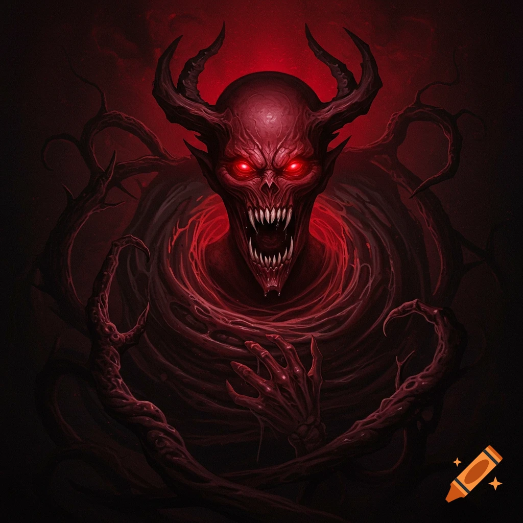 A red demon creature with glowing red eyes, sharp teeth, and sinewy tendrils.