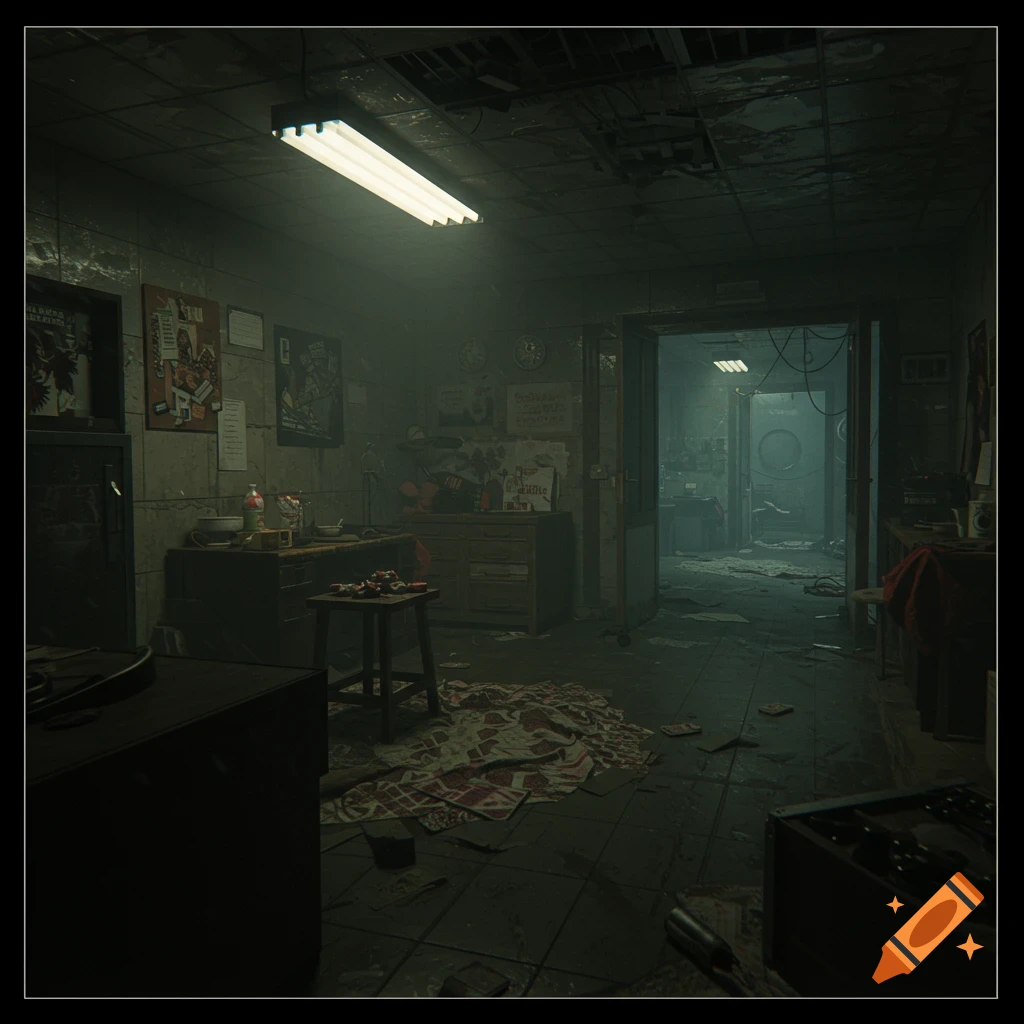 A dimly lit, messy room evoking a liminal space or Backrooms aesthetic.