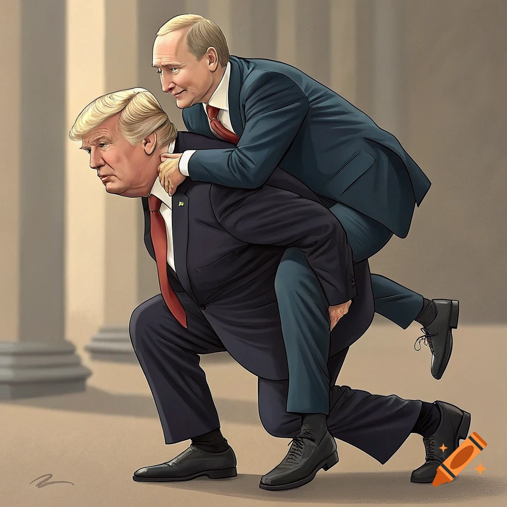 Caricature illustration of Vladimir Putin riding piggyback on Donald Trump