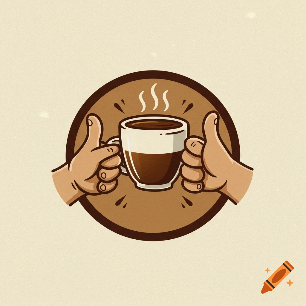 Logo of hands giving thumbs up while holding a steaming coffee cup in a circle
