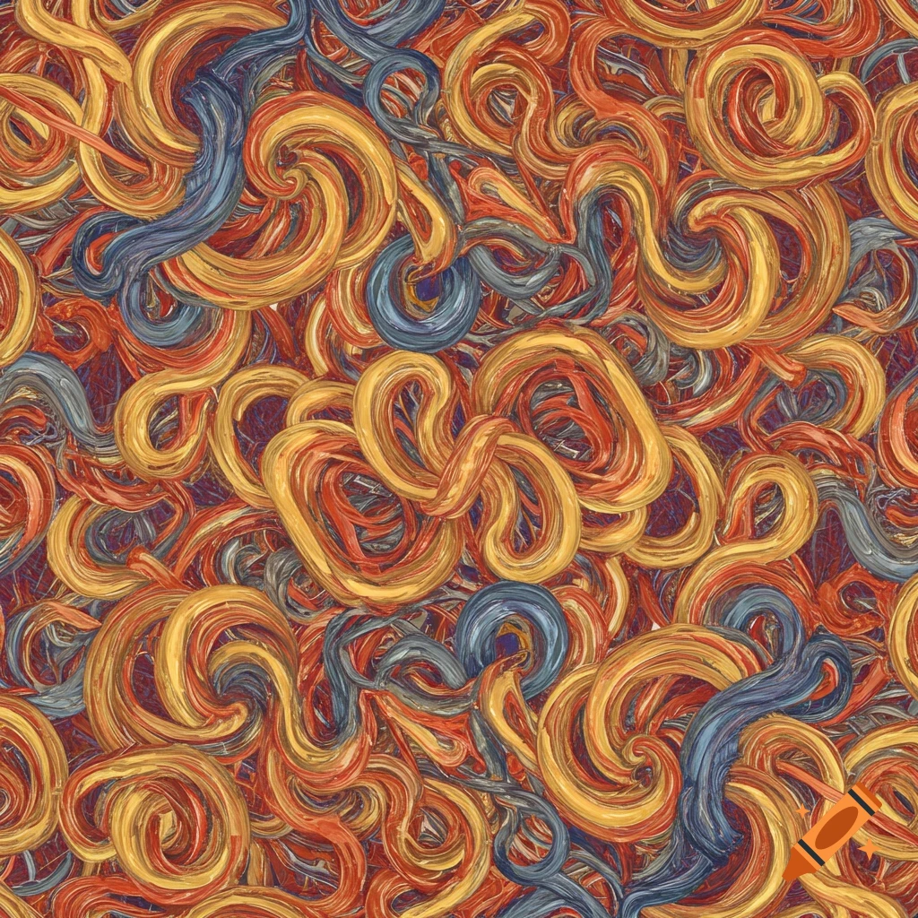 Abstract pattern of chaotic red, orange, yellow, blue, and grey swirls.