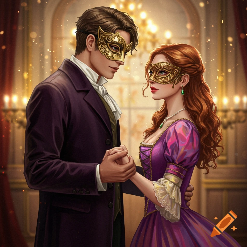 A couple in historical attire and ornate masquerade masks at a ball.
