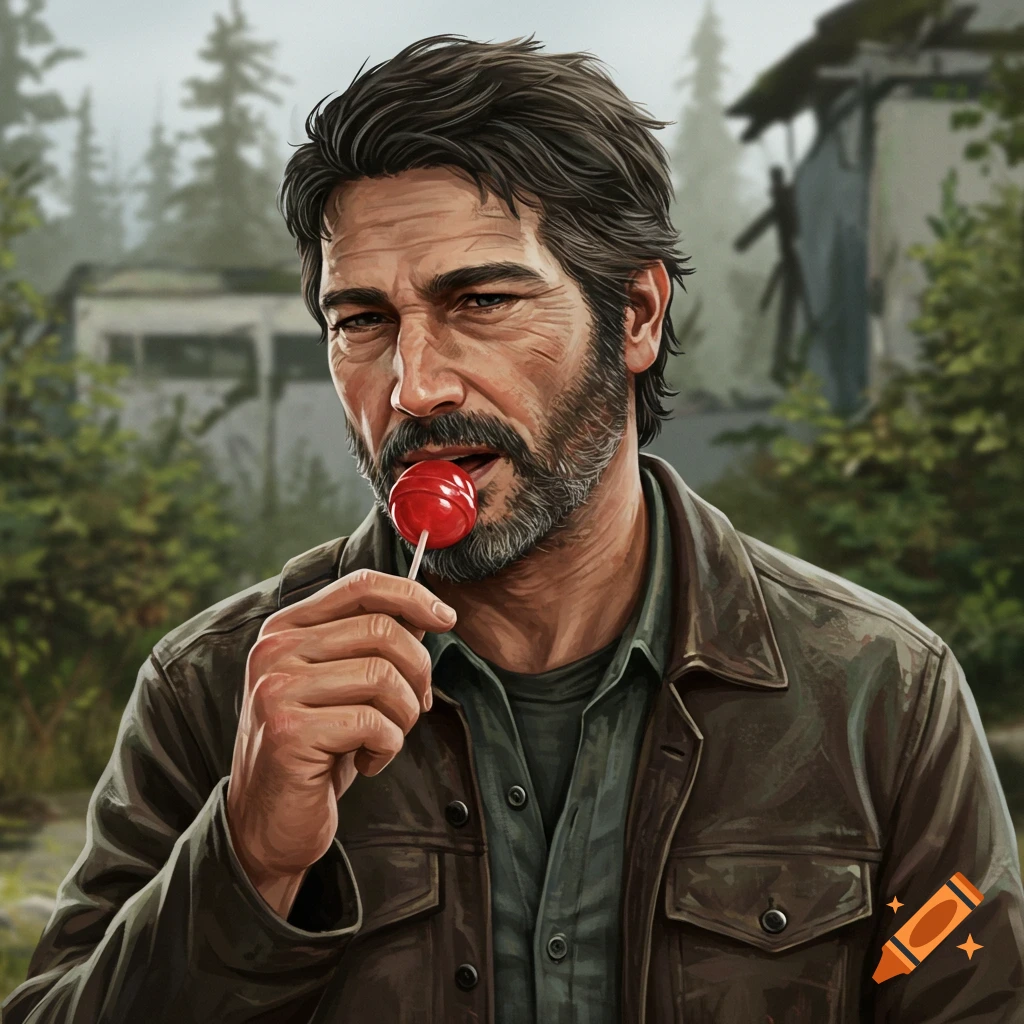 Joel Miller from The Last of Us eating a lollipop.
