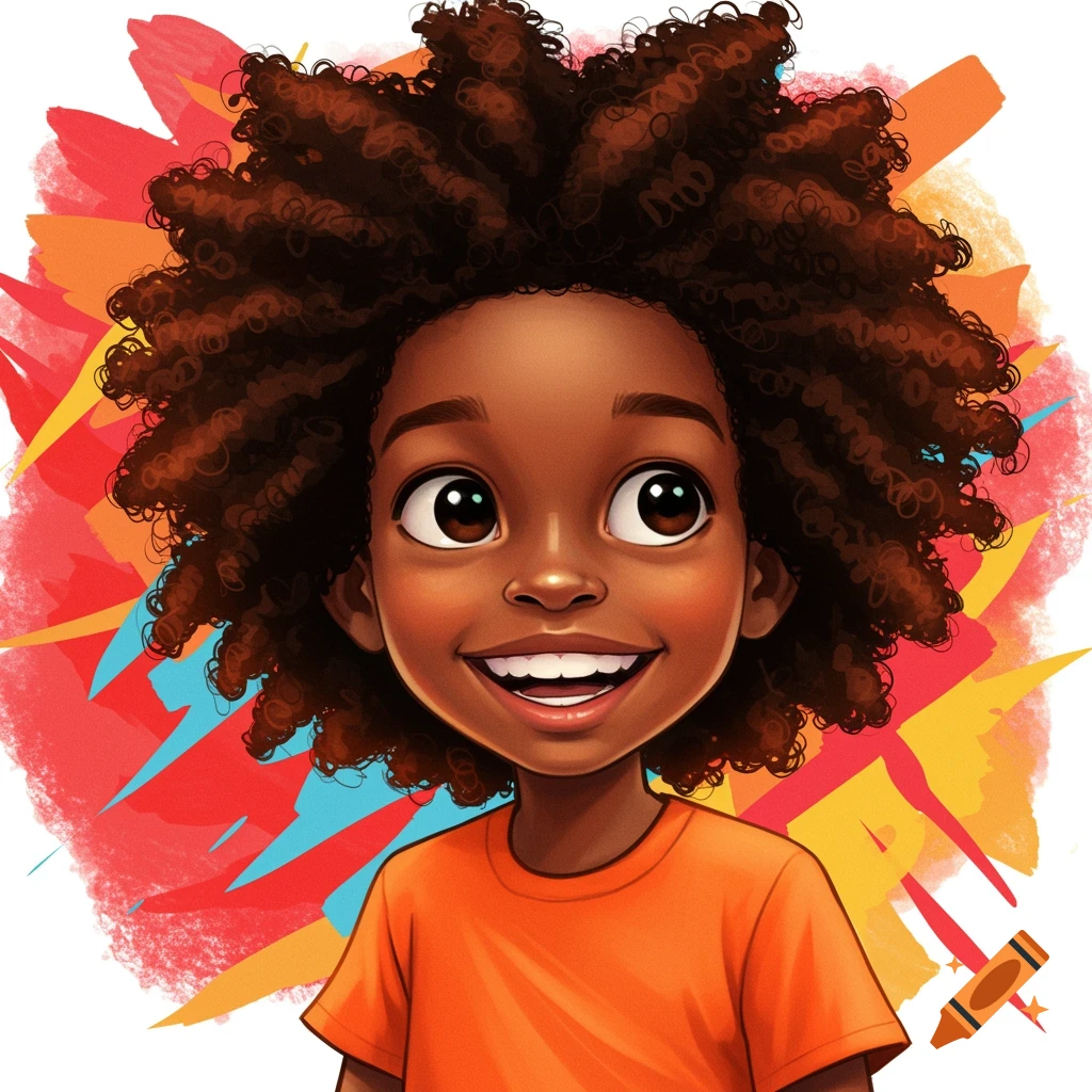 Cartoon portrait of a smiling Black boy with curly hair against a colorful abstract background.