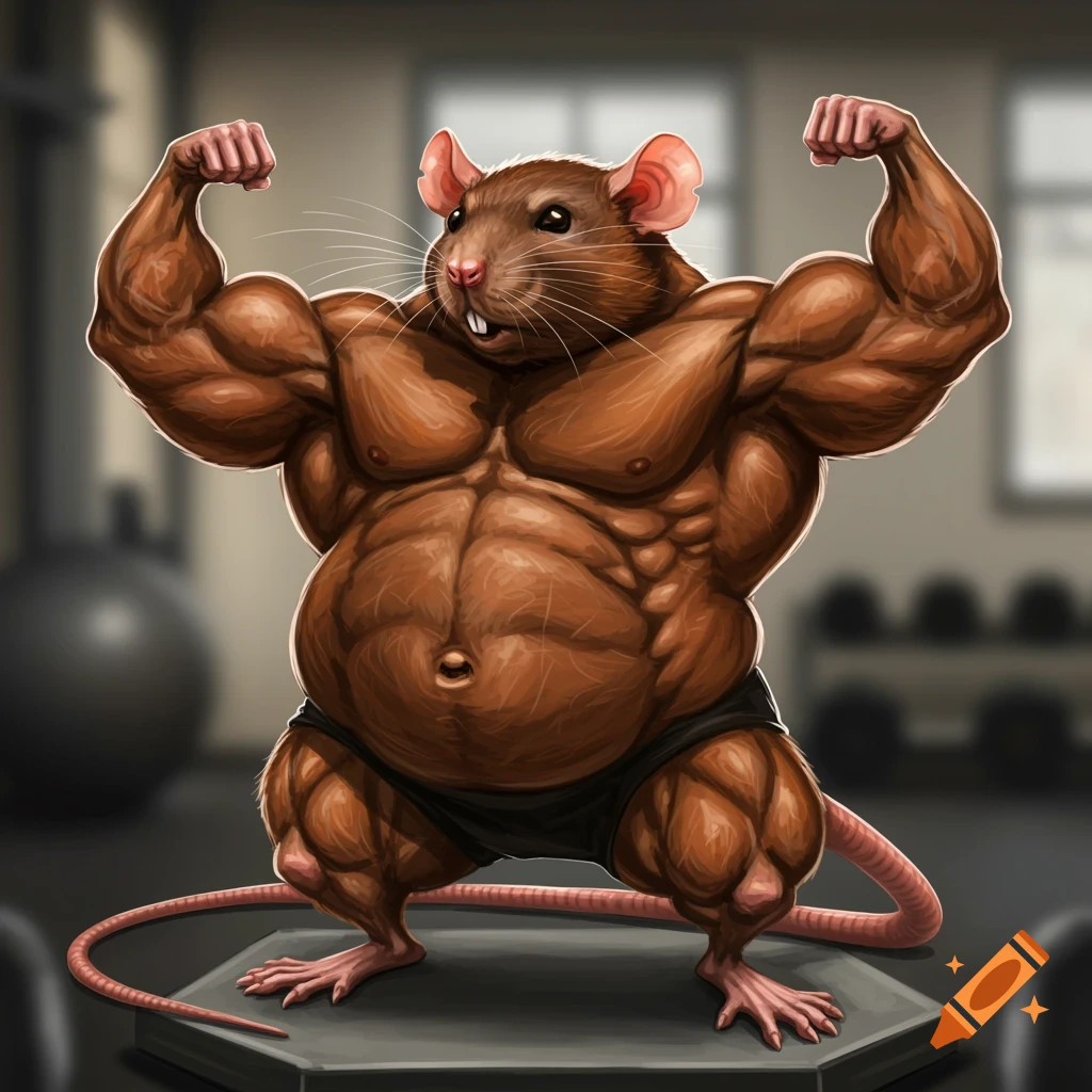 Muscular brown rat flexing biceps in a gym.