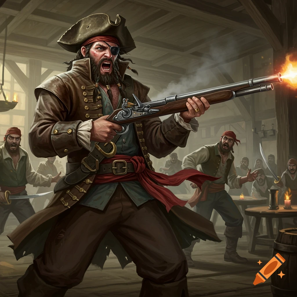 A one-eyed pirate aiming a flintlock rifle in a tavern fight.
