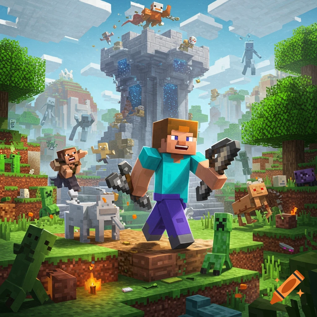Steve and Minecraft creatures in a blocky world with a large structure.