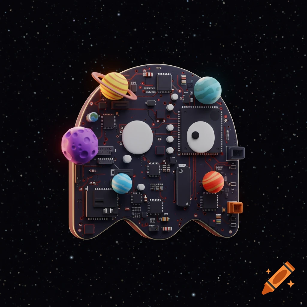 A cartoon Pac-Man ghost shaped like a computer motherboard with planets and stars embedded, floating in space.