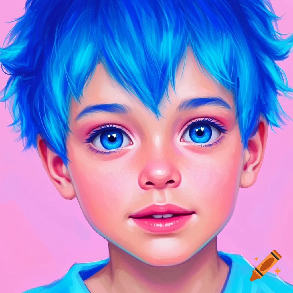 Portrait of a child with bright blue hair and eyes on a pink background.