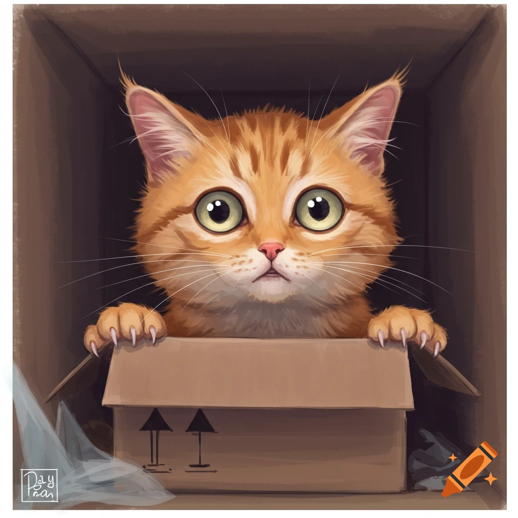 An orange tabby cat peeking out of a cardboard box.