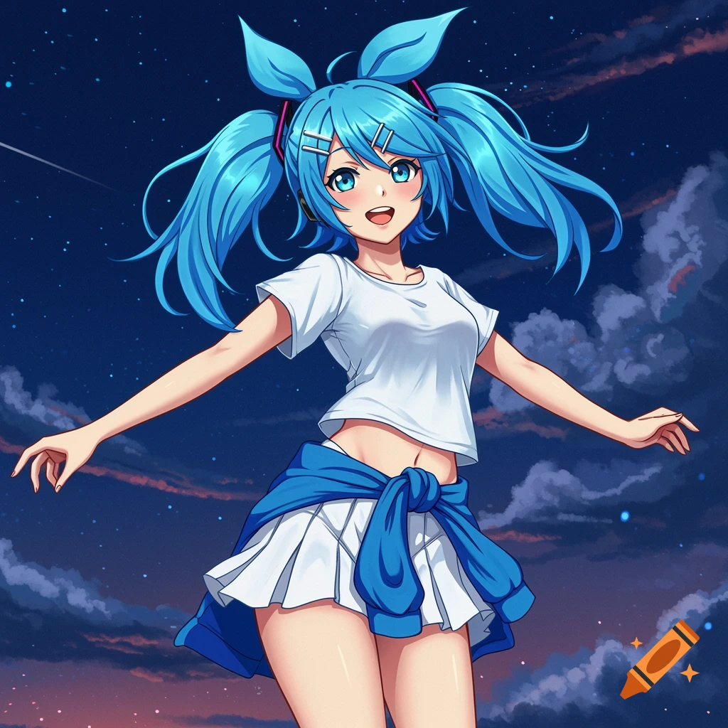 A vibrant anime illustration of a blue-haired girl with twintails against a starry night sky.