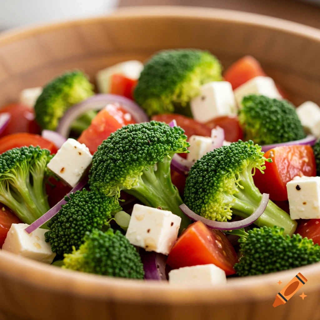 Close-up of a broccoli, tomato, red onion, and feta cheese salad in a wooden bowl.