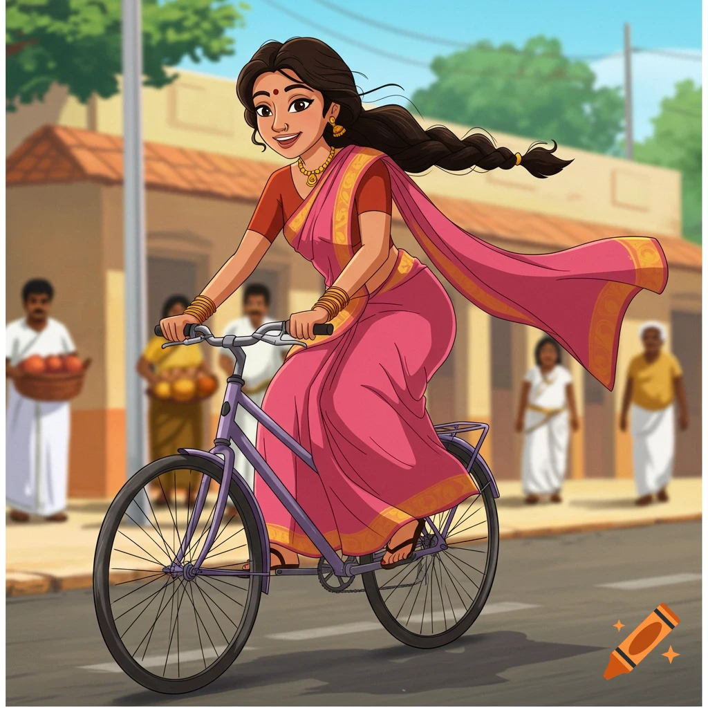 Animated woman in a pink saree riding a bicycle down a street in an Indian village.