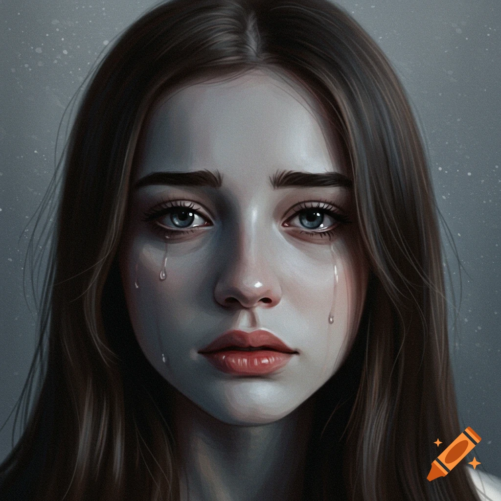 A young woman with tears running down her face, looking sad.