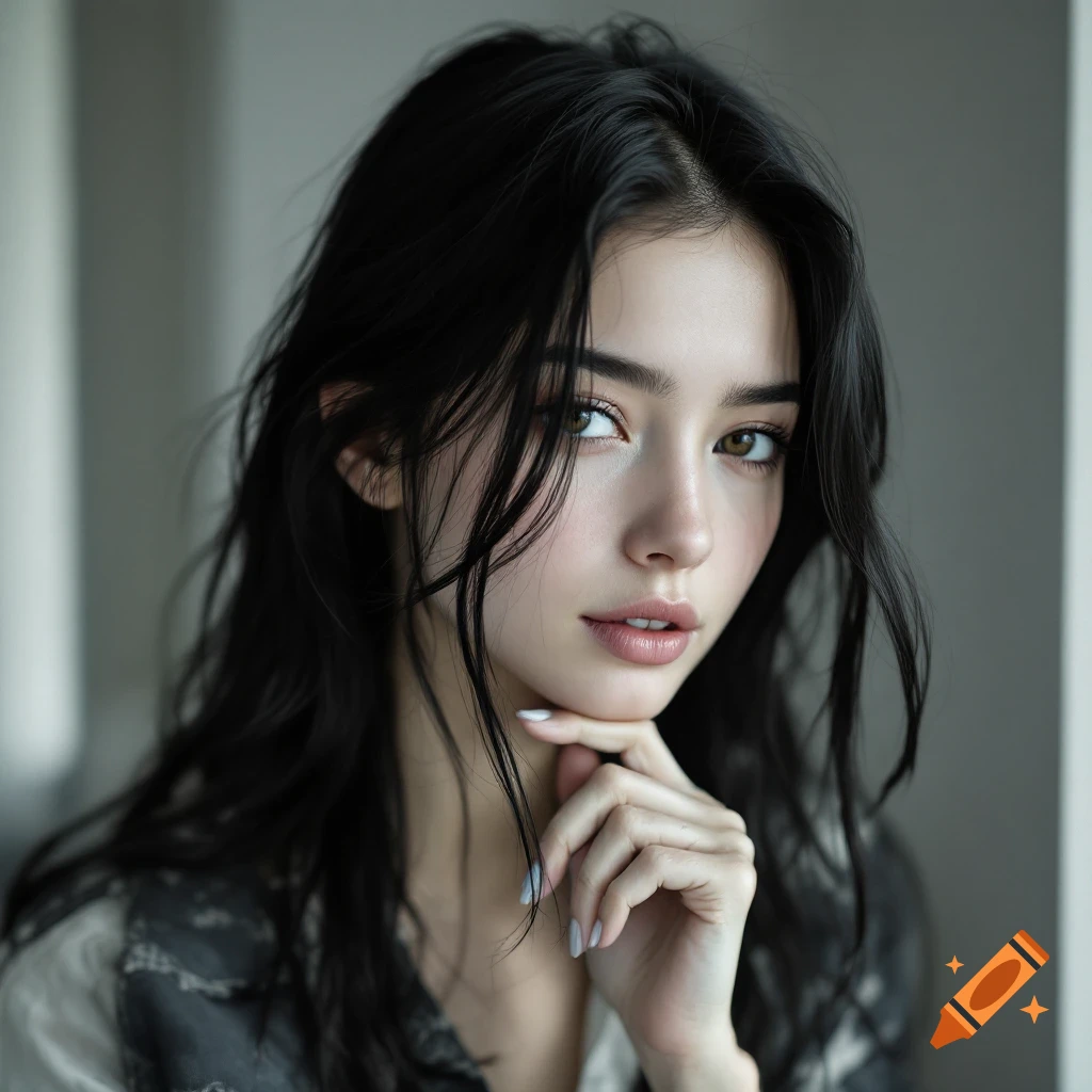Realistic portrait of a young girl with long black hair and pale skin.