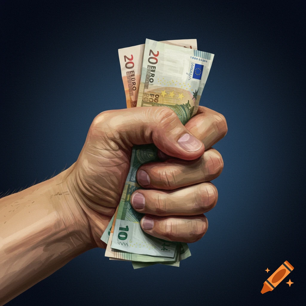 A close-up of a hand tightly holding several Euro banknotes.