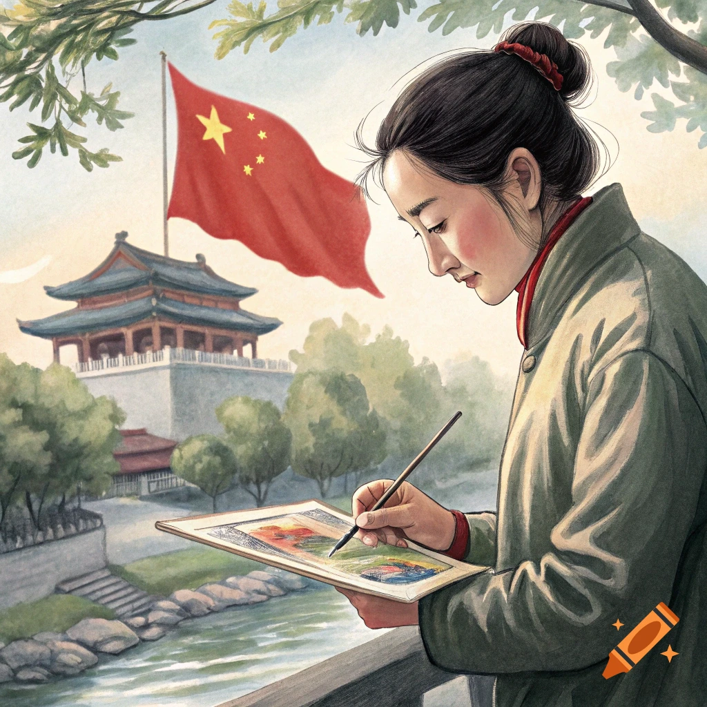 A woman paints a landscape in watercolor with a large Chinese flag and traditional building behind her.