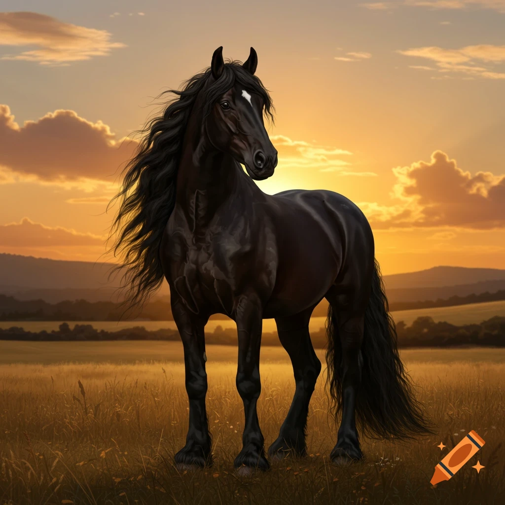 A black horse stands in a grassy field during sunset.