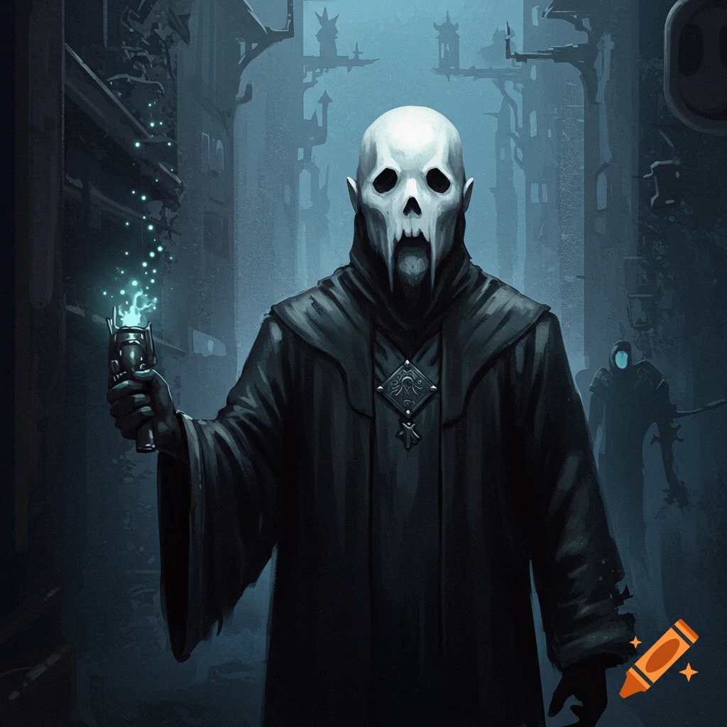 A skull-faced figure in a dark robe holding a glowing scepter in a dark, atmospheric alleyway.