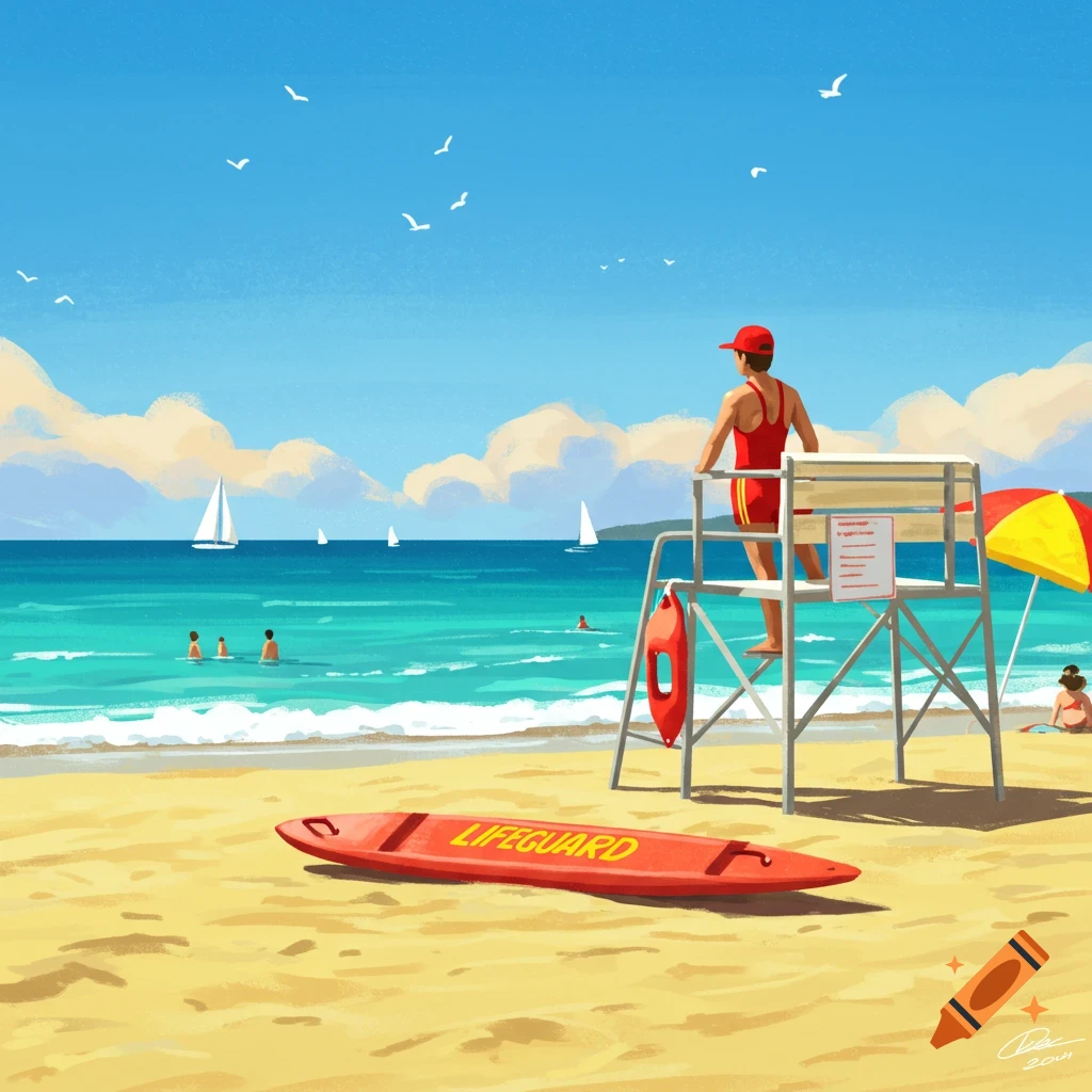 A lifeguard on a tower overlooks a sunny beach with people swimming and sailboats.