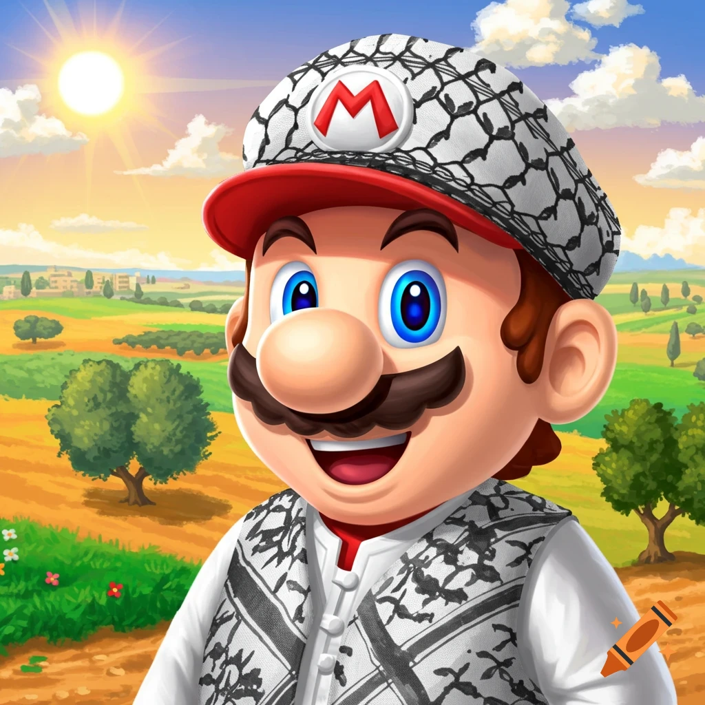 Mario wearing a black and white kufiya hat and vest in a sunny, green and yellow landscape.