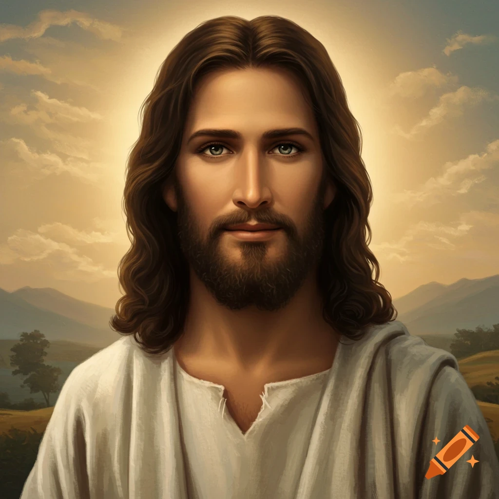 Portrait of Jesus Christ with beard and long hair, against a sky and landscape.