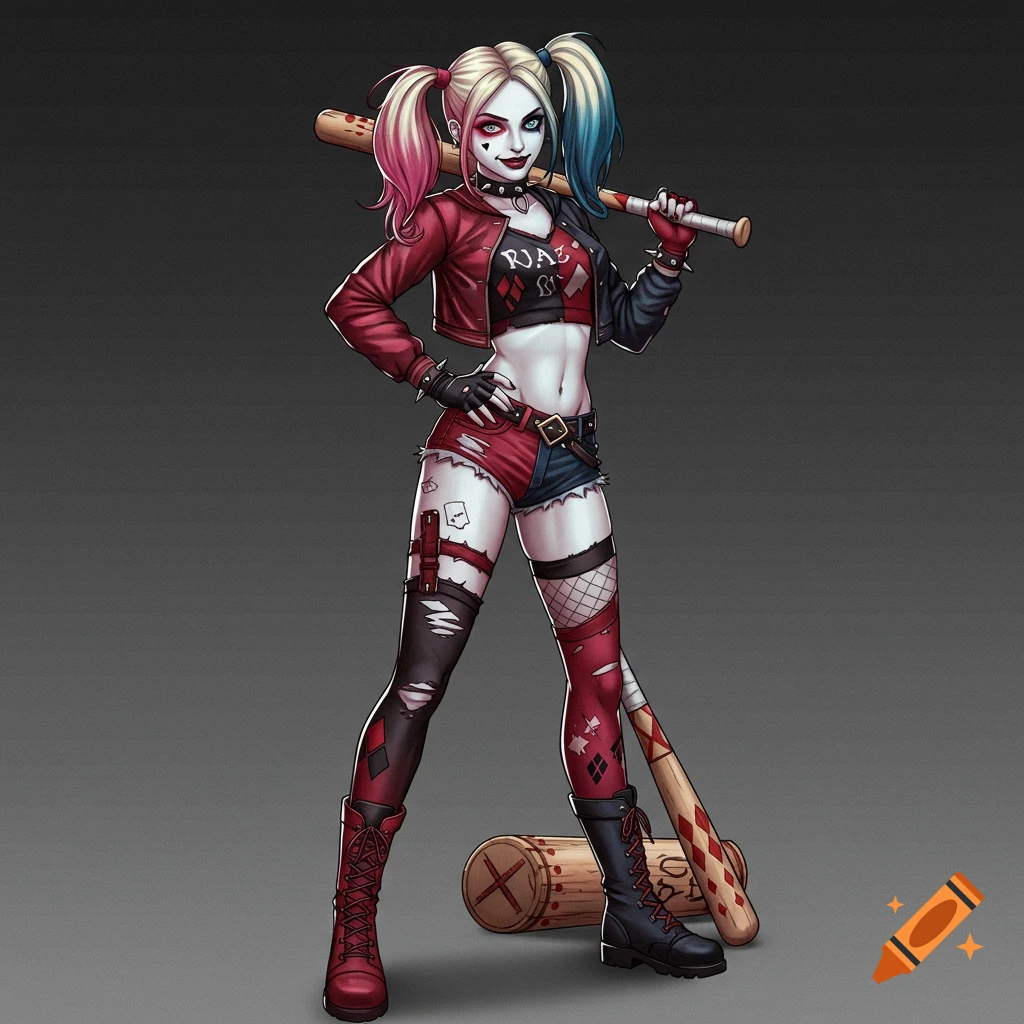 Illustration of a Harley Quinn-inspired character in a distressed outfit holding a baseball bat.