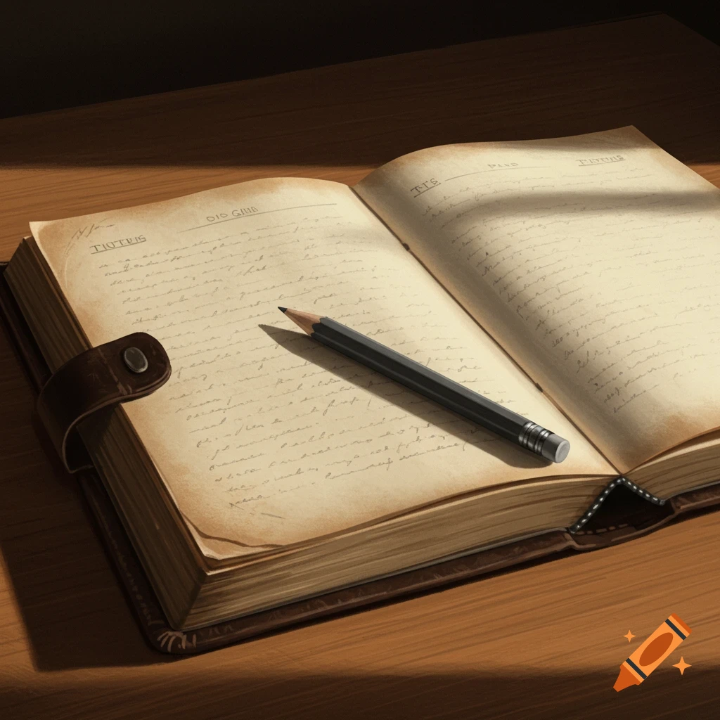 An old open notebook with a pencil lying on the pages, lit by sunlight.