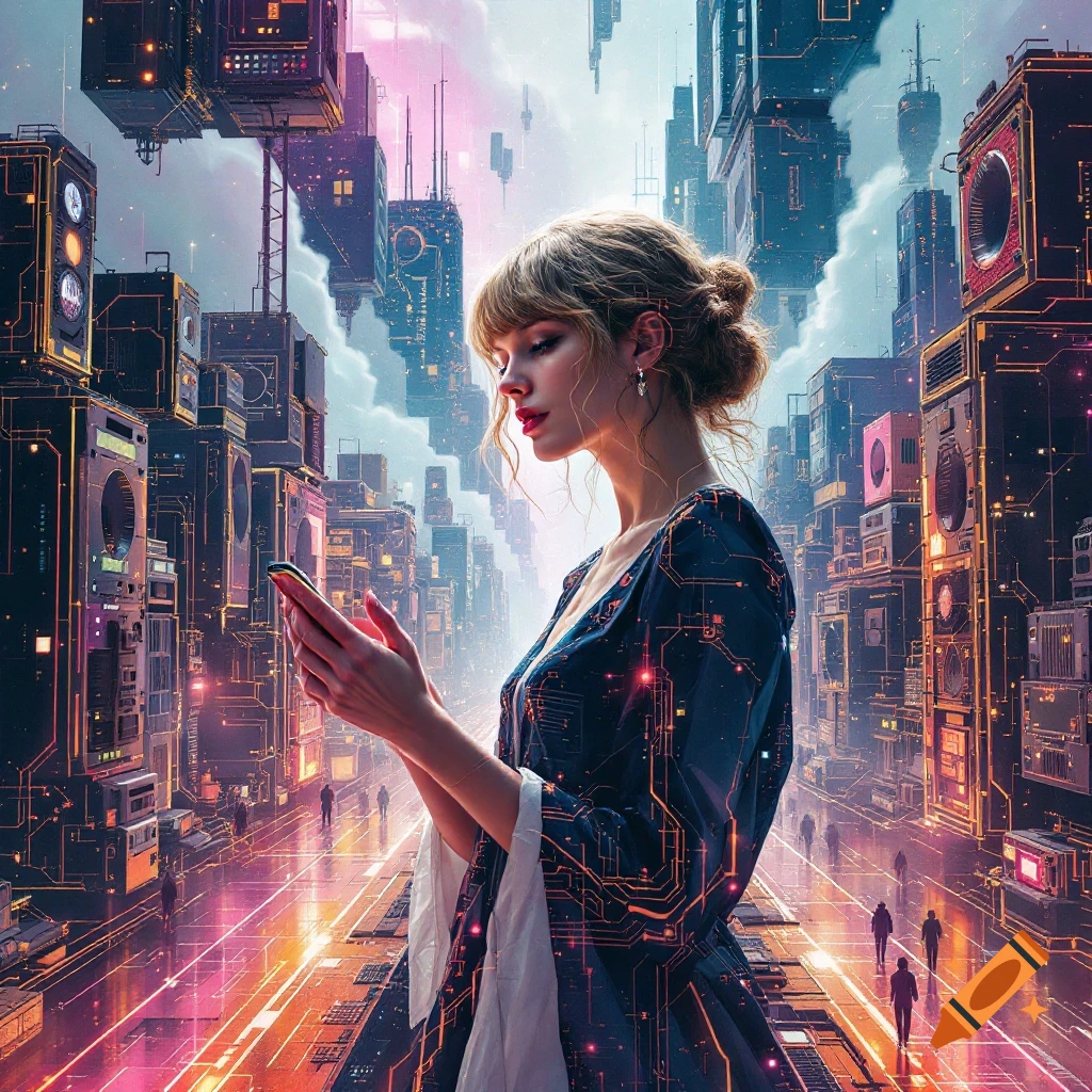A woman is looking at her phone in a futuristic city with glowing circuit patterns.