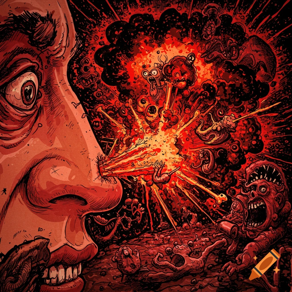 Grotesque illustration of an explosion of bizarre creatures erupting from a nose in a chaotic, red Ralph Steadman style.