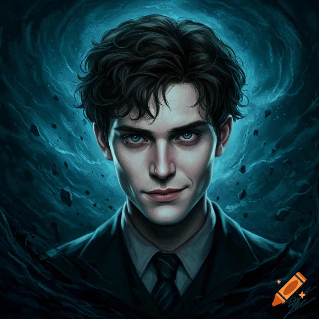 A dark-haired man in a suit with piercing blue eyes, against a swirling blue and black background.