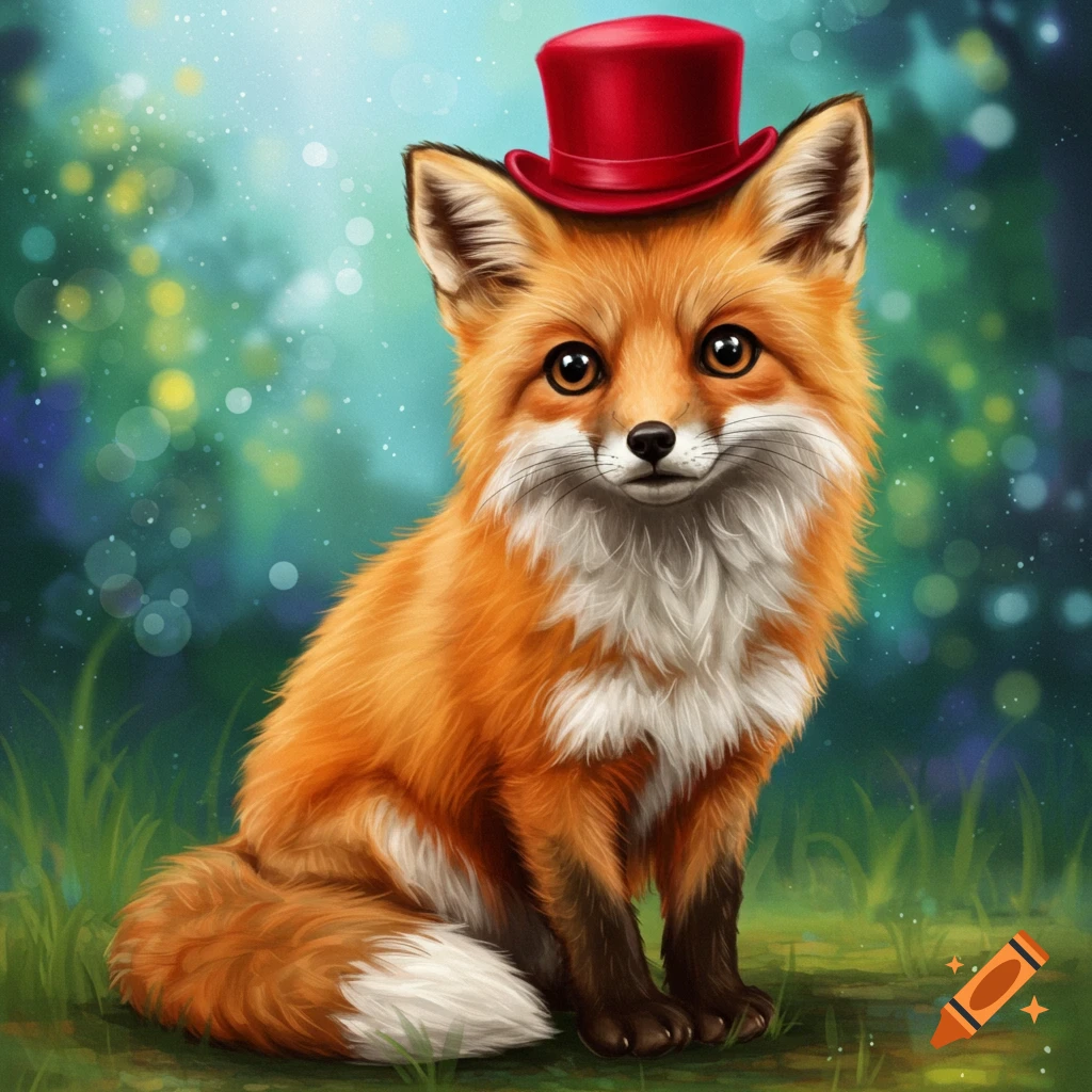 A cute, realistic fox wearing a red top hat sits in a forest clearing.