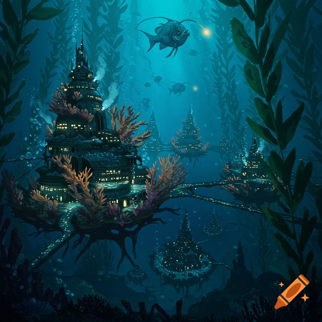 An underwater fantasy city settlement is nestled among large kelp forests, its windows glowing and fish swimming by.