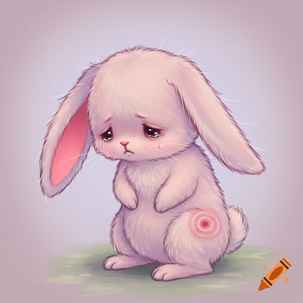 A sad, crying pink cartoon bunny with a red mark on its hip.