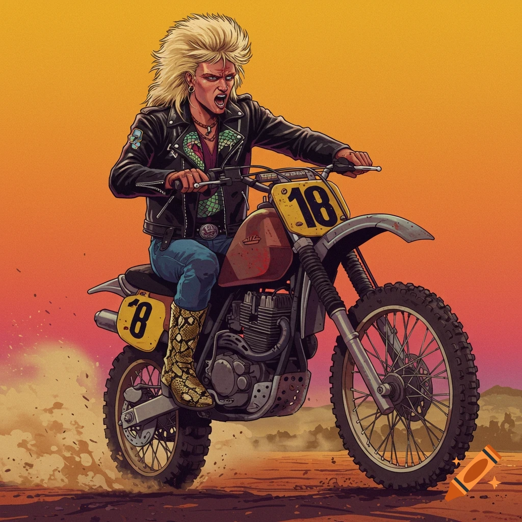 Illustration of a person with a mullet and leather jacket riding a dirt bike in a desert landscape.
