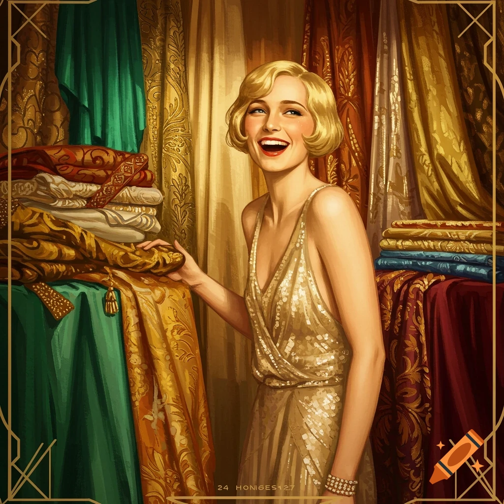 A smiling woman in a gold dress among fancy fabrics, art deco border.